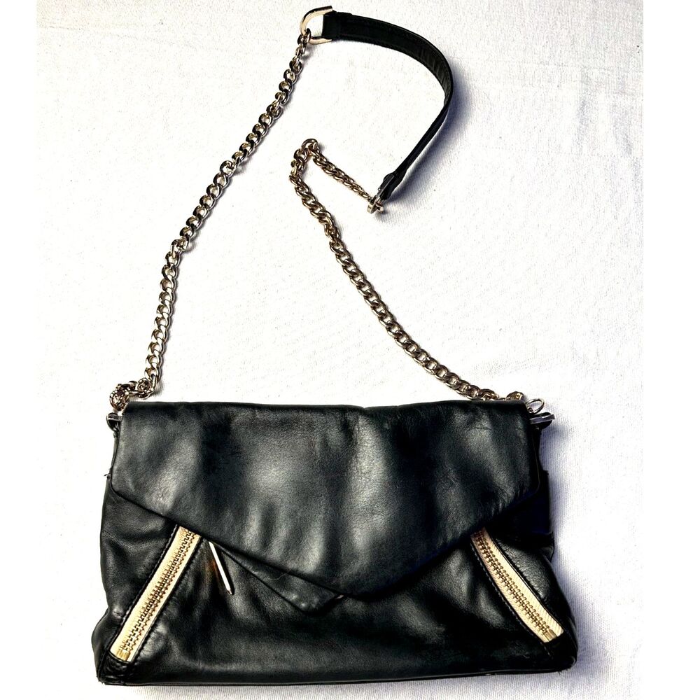 Pour La Victoire Black Leather Envelope Crossbody Bag Gold Chain
